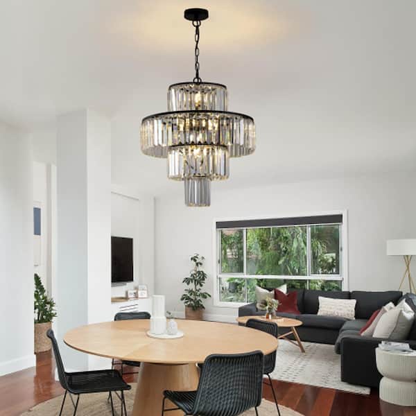 Sunpez 12-Light 19.7 in. W Black 4-Tier Modern K9 Crystal Chandelier Light Fixtures Hanging Pendant Light, E12, No Bulbs