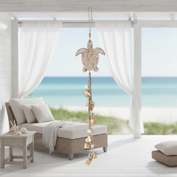 Brown 29 in. x 5.75 in. Wood Sea Turtle With Shells Wind Chime