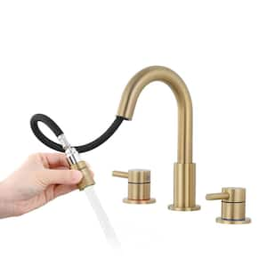 8 in. Widespread Double Handle Bathroom Faucet 3-Hole with Pull Out Sprayer and Pop-Up Drain, in Brushed Gold