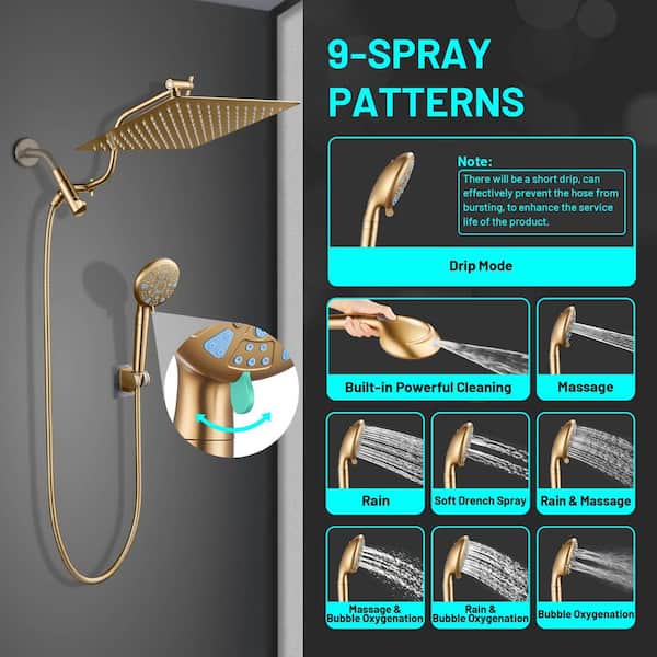 Rainfull 2-in-1 9-Spray Patterns Adjustable Wall Mount Shower Head with Filter 2.5 GPM and Handheld Shower Head in Gold