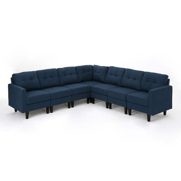 Noble House Emmie 7- Piece Navy Blue Fabric 6-Seat L Shaped Reversible Sectionals with Armrests