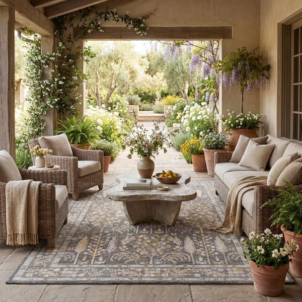 Delyra Traditional Grey 6 ft. x 9 ft. Outdoor Area Rug