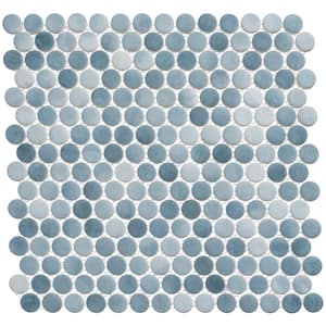 Pixie Wave Blue/Dark Blue 4.5 in. x 8.25 in. Penny Round Smooth Glass Mosaic Tile Sample