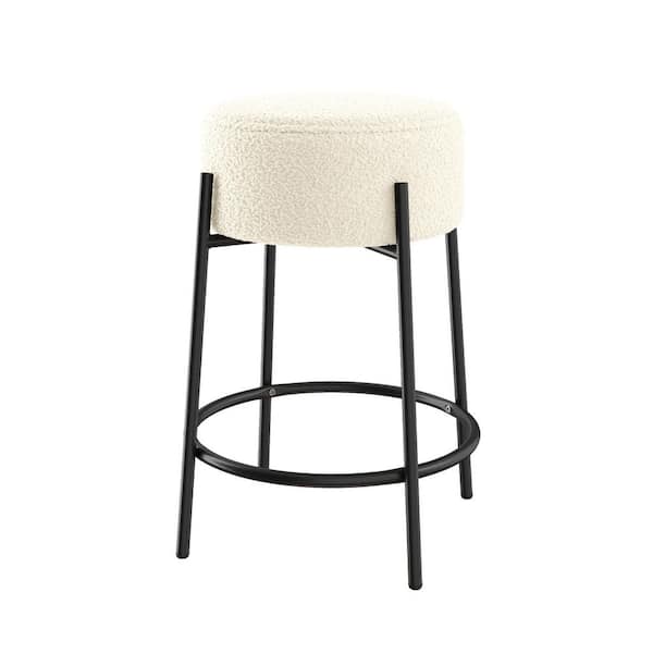 Isaac 24 in. White Metal Frame Modern Round Counter Height Bar Stool with Boucle Soft Padded Seat