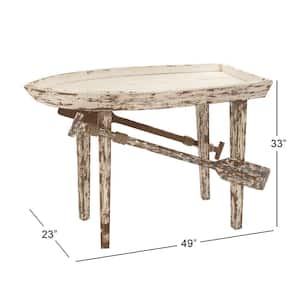 23 in. White Distressed Boat Shaped Tray Top Extra Large Rectangle Wood End Accent Table with Oar Detailed Legs