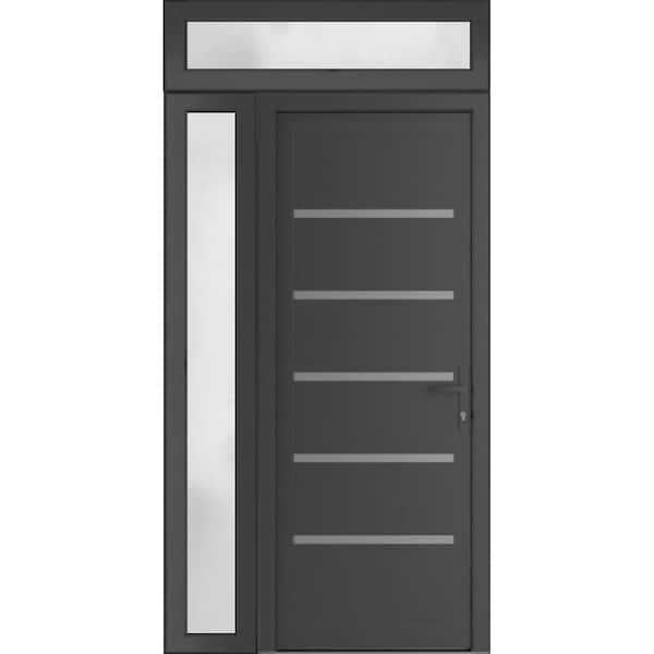 VDOMDOORS 50 in. x 94 in. Left-hand/Inswing Frosted Glass Antracite Grey Steel Prehung Front Door with Hardware