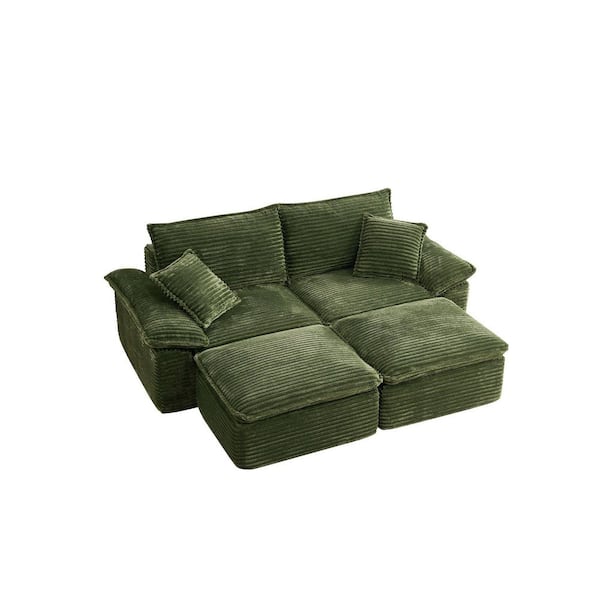 81 in. Corduroy Sectional Sofa with Ottoman, Oversized Modular Couch, Green