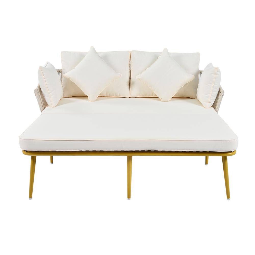 Beige and Gold Metal Outdoor Patio Day Bed with Woven Nylon Rope Backrest a