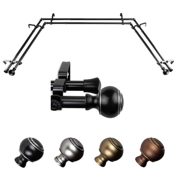 EMOH Miyaki 20-36 in. sides, 38-72 in. center Adjustable Bay Window Double Curtain Rod 13/16 in. in Black with Finial
