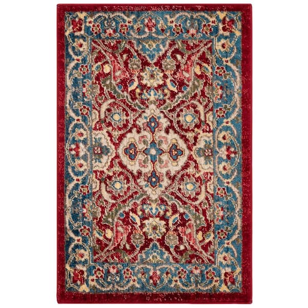 Kashan 2 ft. x 3 ft. Red/Blue Border Ornate Area Rug