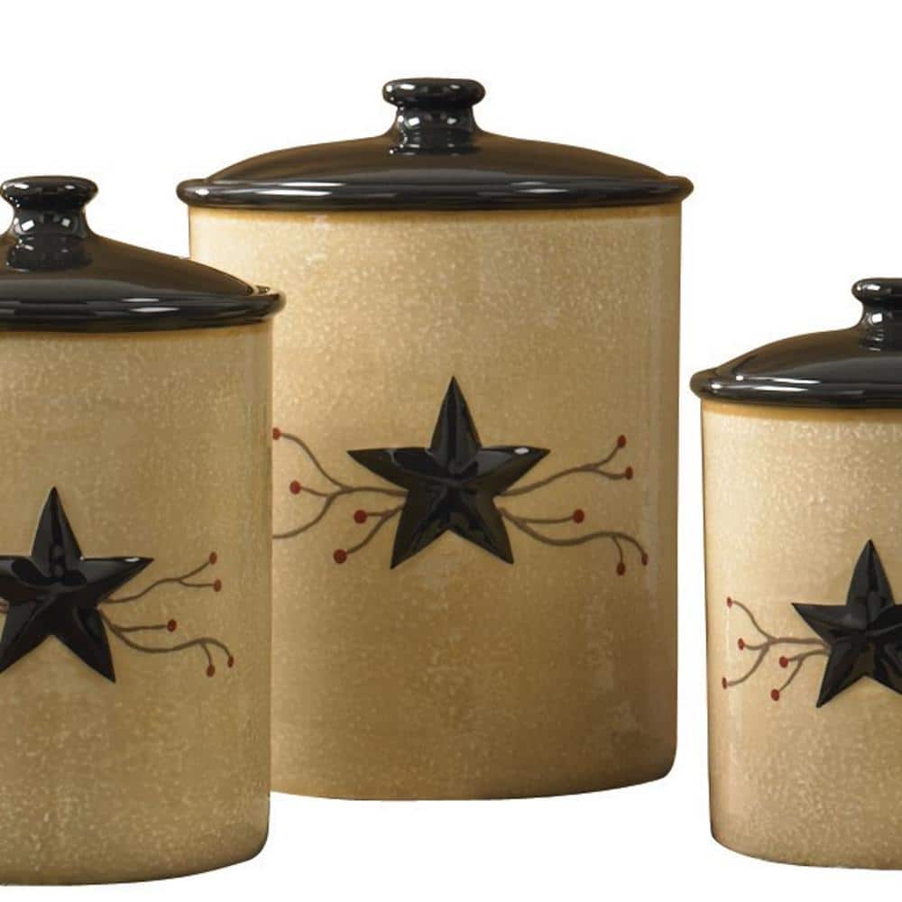 Vintage Beige and Black Ceramic Canister Set with Star Design
