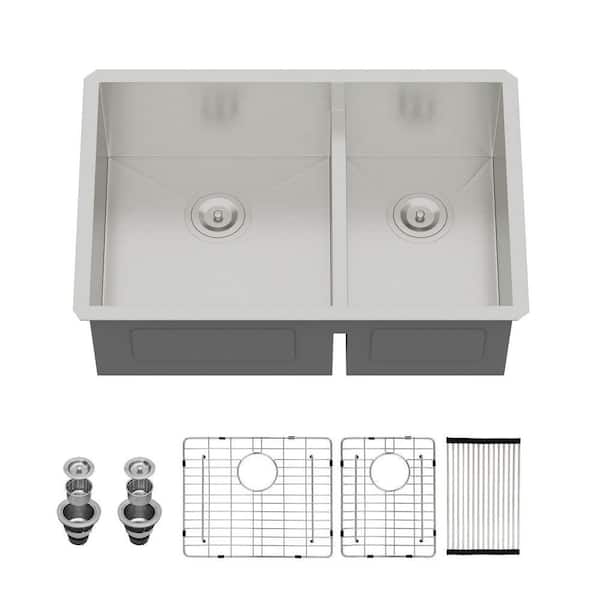 30 in. Double Bowl 60/40 Undermount Low Divide Kitchen Sink Brushed 16-Gauge Stainless Steel Sink with Bottom Grid
