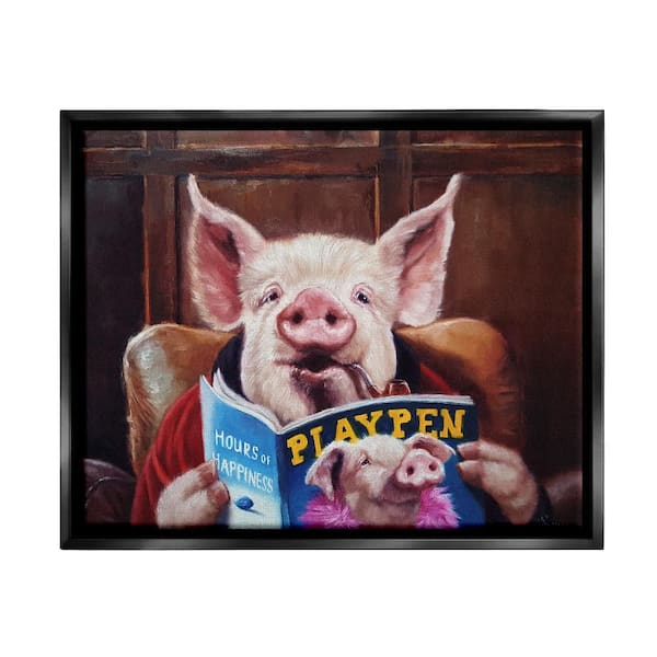 Stupell Industries Funny Pig Magazine Man Cave by Lucia Heffernan 1-Piece Black Floater Frame Animal Graphic Art Print 31 in. x 25 in.