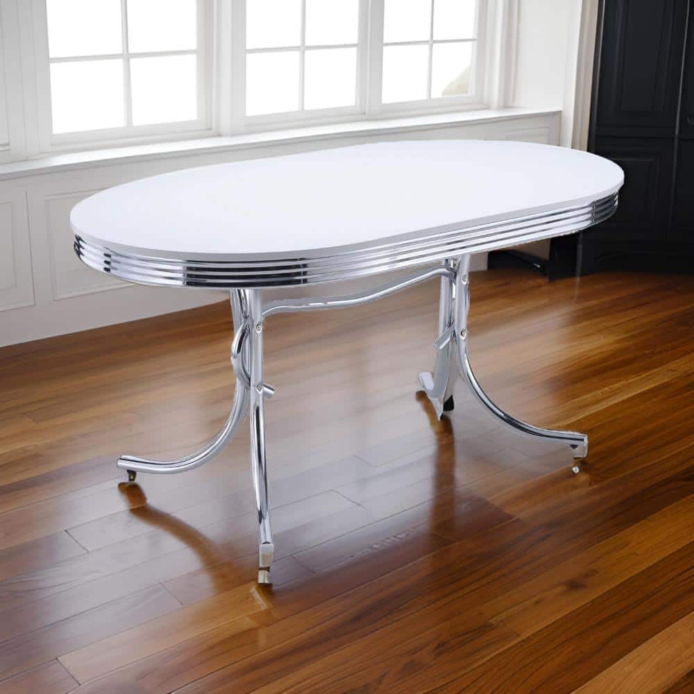 Glossy White Oval Dining Table with Chrome Legs, 60 Inch
