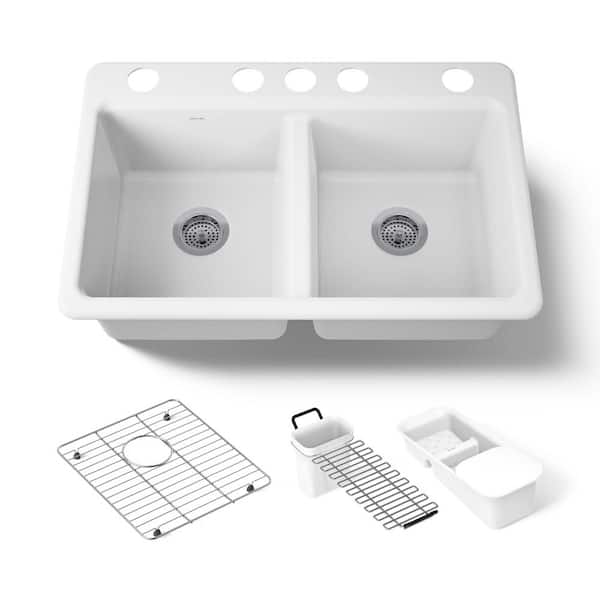 KOHLER Riverby Undermount Cast Iron 33 in. 5-Hole Double Bowl Kitchen Sink Kit in White with Accessories