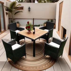5 Piece Wicker Outdoor Dining Balcony Patio Furniture Set with Acacia Wood Tabletop and Cream Seat Cushions, Black
