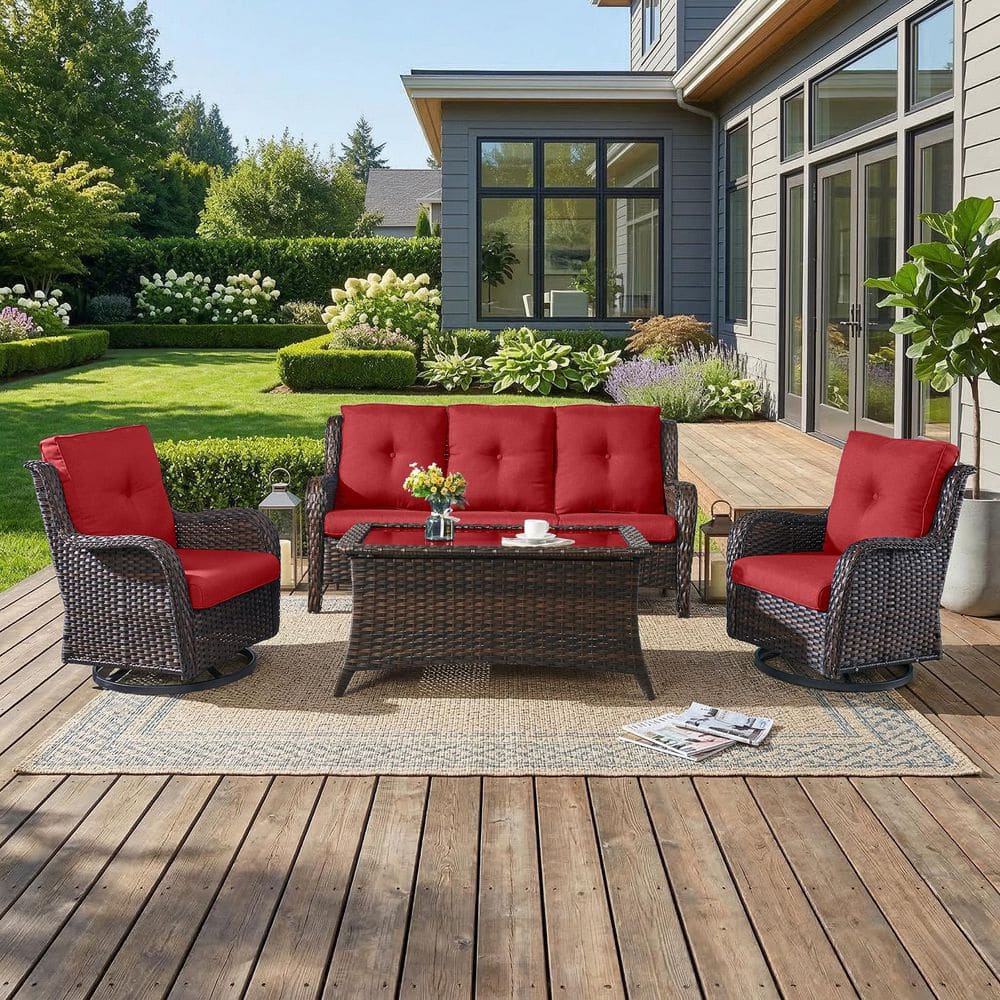 ArcLine 4-Piece Brown Wicker Patio Conversation Set with Olefin Red Cushions and Swivel Glider Chairs/Sofa price history on PriceWatchPro