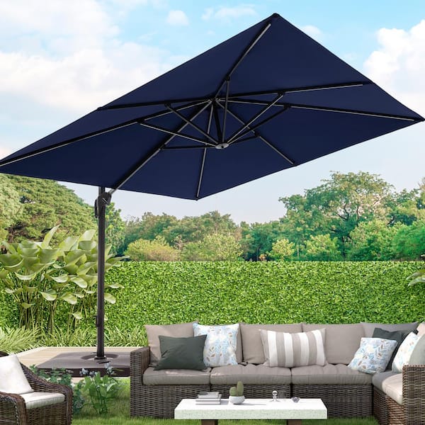 JOYESERY Aluminum Pole Cantilever Patio Umbrella 10 ft. Square Solution-Dyed Fabric Innovative 360° Rotation System in Navy Blue