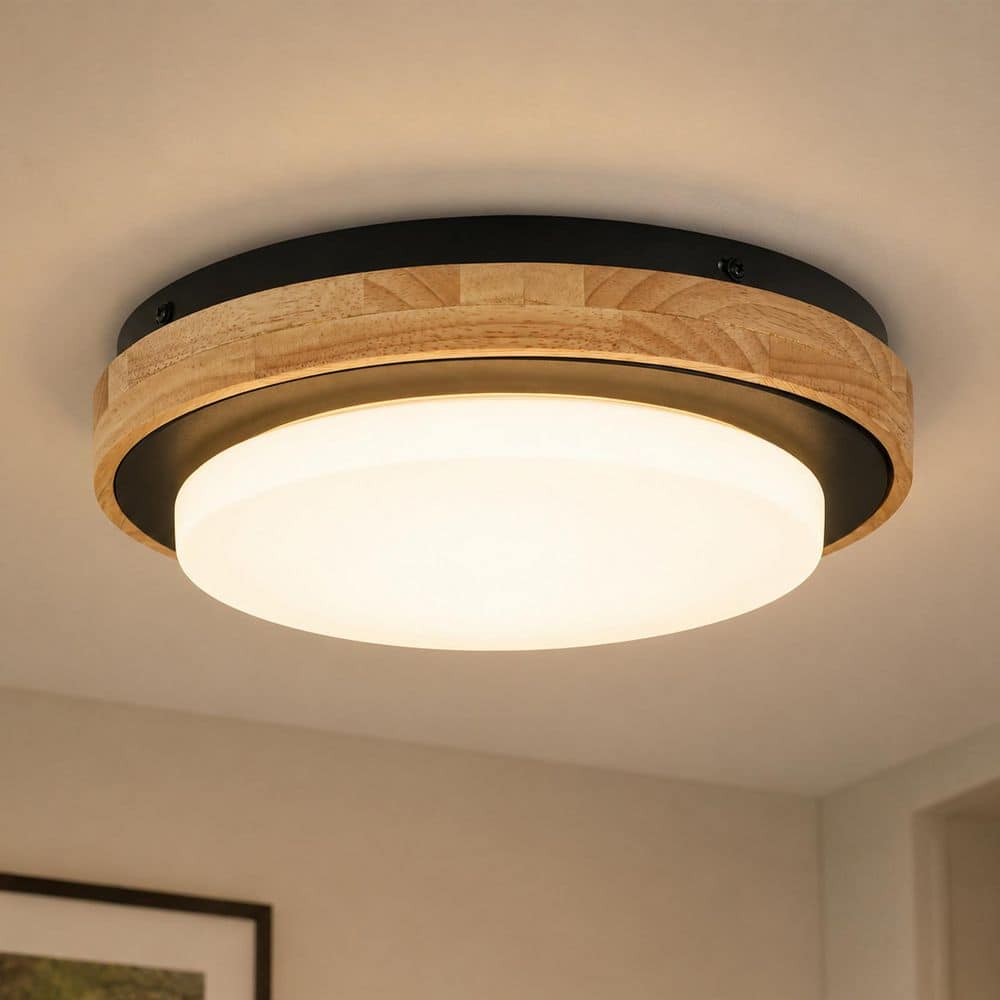 12.6 in. Modern Round Matte Black LED Flush Mount Light with Wood Trim Frosted Acrylic Diffuser for Bedroom Hallway price history on PriceWatchPro