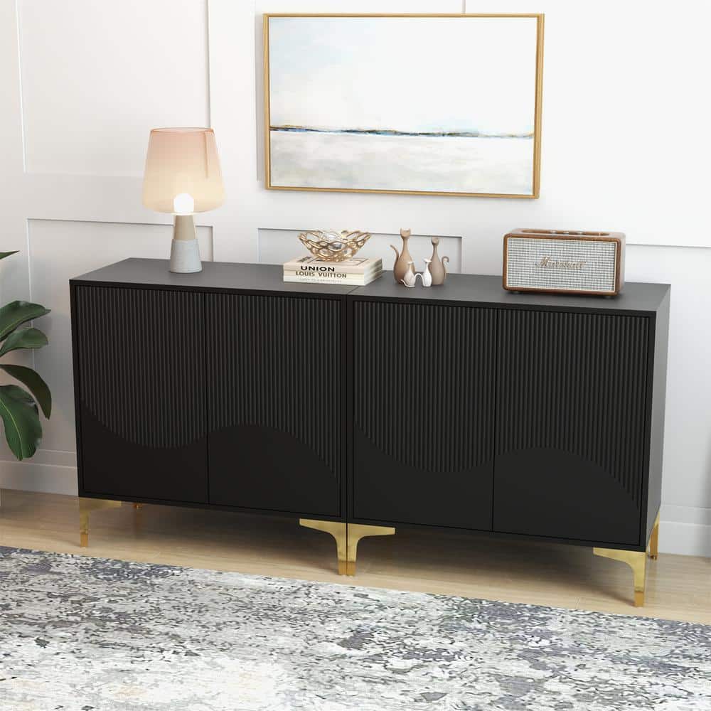 Black Fluted Wood 31.7 in. Buffet Sideboard Cabinet with 2 DoorsandAdjustab