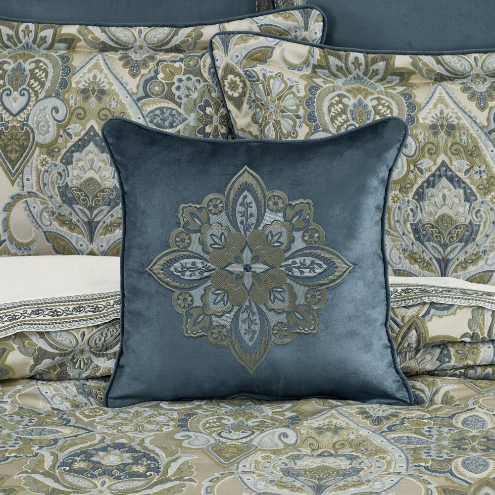 Avellino Dark Spa Blue Embroidered Square Throw Pillow