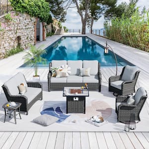 Janus Gray 6-Piece Wicker Patio Fire Pit Conversation Seating Set with Gray Cushions