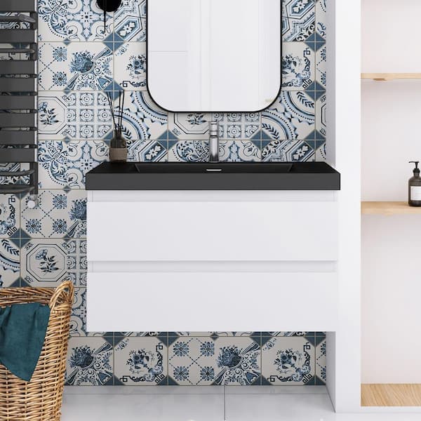 35.5 in. W x 19.5 in. D x 22.5 in. H Single Sink Wall Mounted Bath Vanity in White with Matte Black Quartz Sand Top