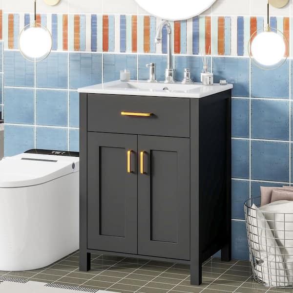 24 in. Single Sink Freestanding Black Bath Vanity with White Ceramic Top, U-shaped Adjustable Shelf