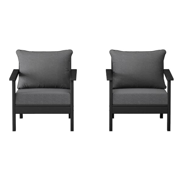 Birchwood Black Outdoor Patio (Set of 2) Deep Seating HDPE Lounge Chairs w/ Gray Cushions