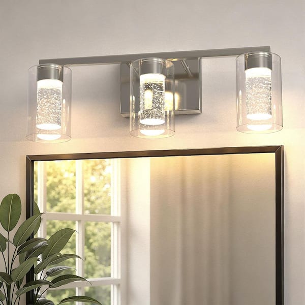3-Light Nickel LED Vanity Fixture with Clear Glass Shade and LED Crystal Bulbs 3000-6000K, Dimmable Color