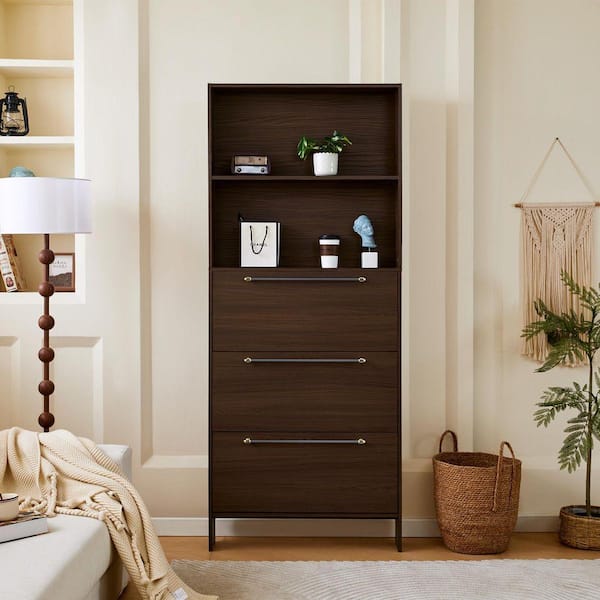 Walnut 78.75 in. H 12 + 3-Pair Accent Shoe Storage Cabinet with 3 Flip Drawers, 2 Open Shelves and 2 Side Hooks