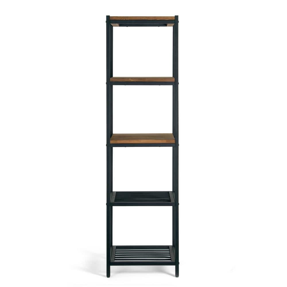 Modern Industrial Black Metal and Pine Wood Etagere Bookcase