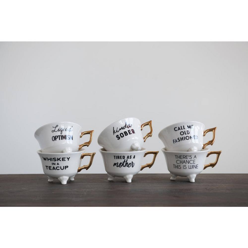 White Ceramic Footed Teacups with Gold Handles, Set of 6