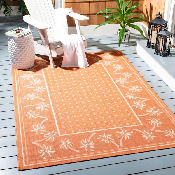 Courtyard Rust/Sand 4 ft. x 6 ft. Floral Indoor/Outdoor Patio  Area Rug