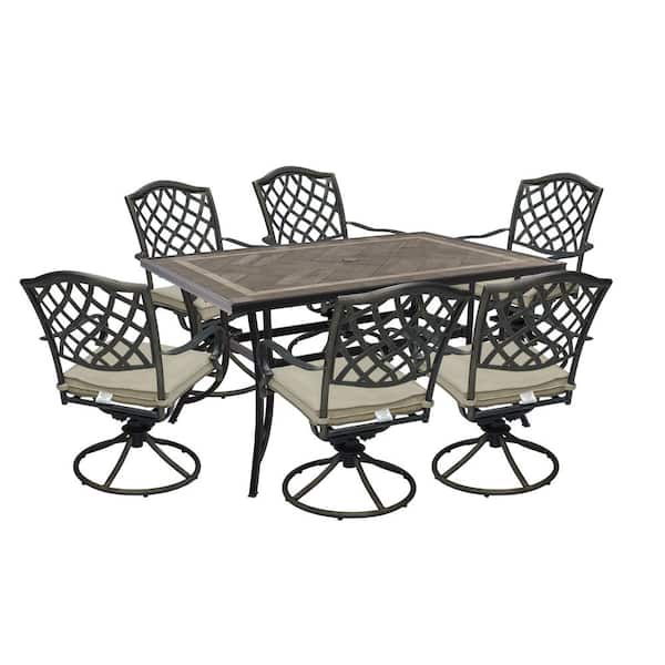 Mondawe Dark Bronze 7-Piece Cast Aluminium Patio Rectangle Table 59in.D x 40in.W Outdoor Dining Set w/ Beige Cushions for Yard