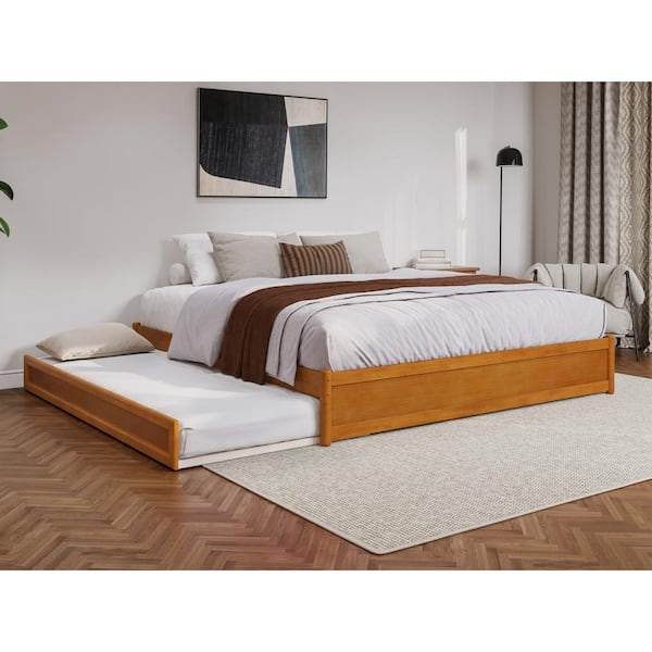 AFI Barcelona Light Toffee Natural Bronze Solid Wood Frame King Panel Platform Bed with Twin XL Trundle