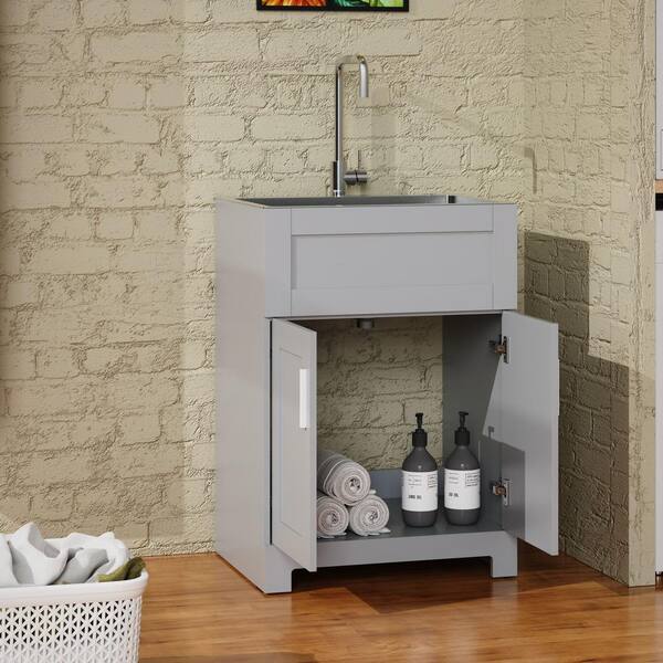ANGELES HOME 24 in. Gray MDF Drop-in Stainless Steel Laundry Sink with Cabinet