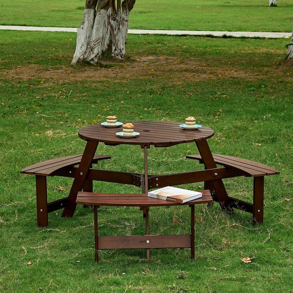 Tunearary Outdoor Patio 6 Person Wooden Brown Round Picnic Table and Bench Set with Umbrella Holes and 3 Built-in Benches