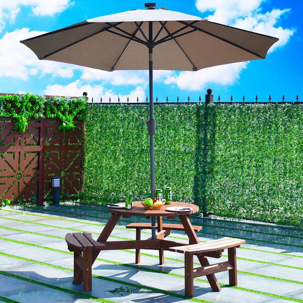 6-Person Dark Brown Fir Wood Picnic Table Set with Benches