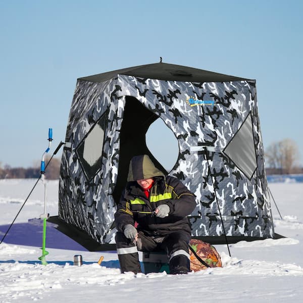 Outsunny 2 Person Insulated Ice Fishing Shelter Pop-Up Portable Ice Fishing Tent with Carry Bag and Anchors for -22°F - Camouflage