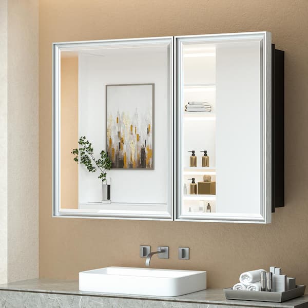 KeonJinn 40 in. W x 30 in. H Rectangular Silver Aluminum Alloy Framed Recessed/Surface Mount Medicine Cabinet with Mirror