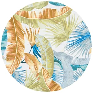 Barbados Gold/Green 5 ft. x 5 ft. Round Tropical Leaf Indoor/Outdoor Area Rug