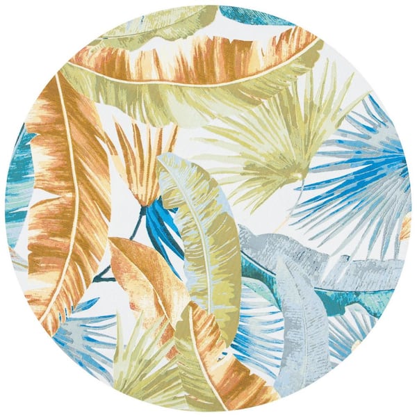 SAFAVIEH Barbados Gold/Green 5 ft. x 5 ft. Round Tropical Leaf Indoor/Outdoor Area Rug