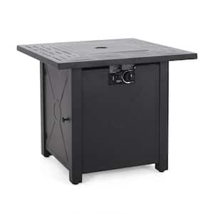 28 in. Black Outdoor Square Metal Fire Pit Table - 40,000 BTU, Tank in. Side