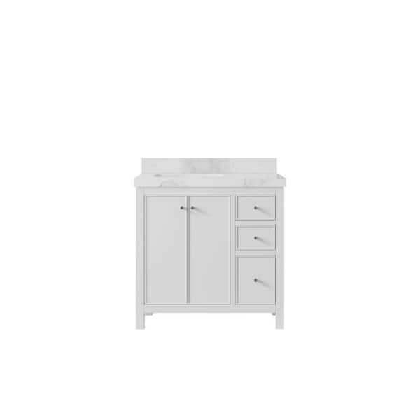 Willow Collections Chicago 36 in. Left Offset Sink Freestanding White Bath Vanity with Calacatta Nuvo Qt. Top Unassembled