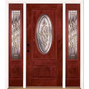 67.5 in.x81.625in.Silverdale Brass 3/4 Oval Lt Stained Cherry Mahogany Rt-Hd Fiberglass Prehung Front Door w/Sidelites