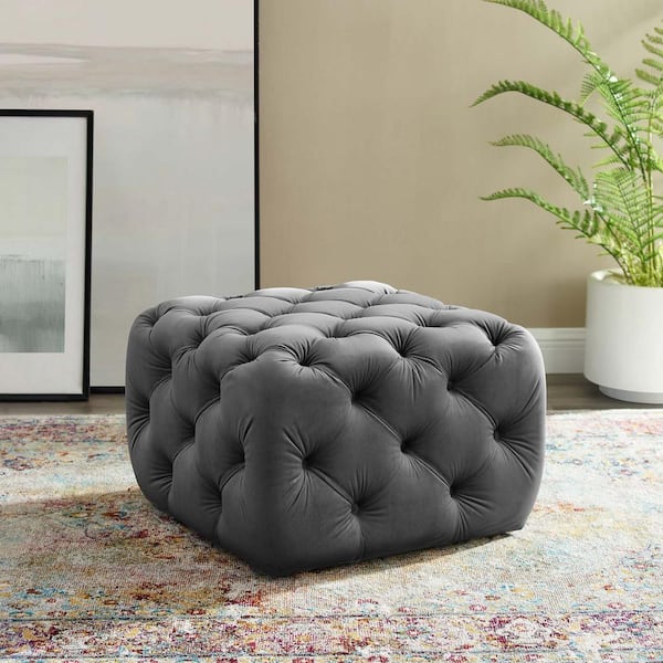 MODWAY Anthem Gray Tufted Button Square Performance Velvet Ottoman