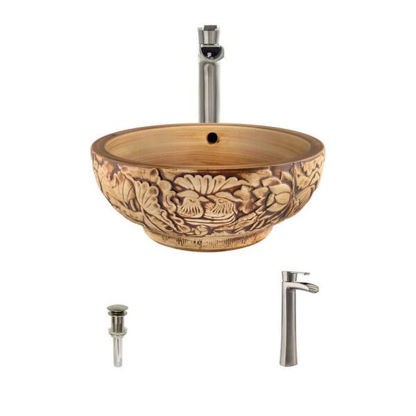 MR Direct Ceramic Vessel Sink in Tan with 731 Faucet and Pop-Up Drain in Brushed Nickel