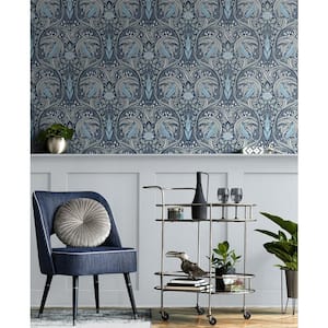 Navy and Sky Blue Bird Ogee Pre-Pasted Paper Wallpaper Roll 56 sq. ft.