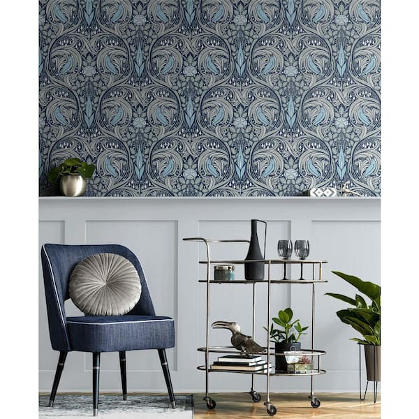 Navy and Sky Blue Bird Ogee Pre-Pasted Paper Wallpaper Roll 56 sq. ft.